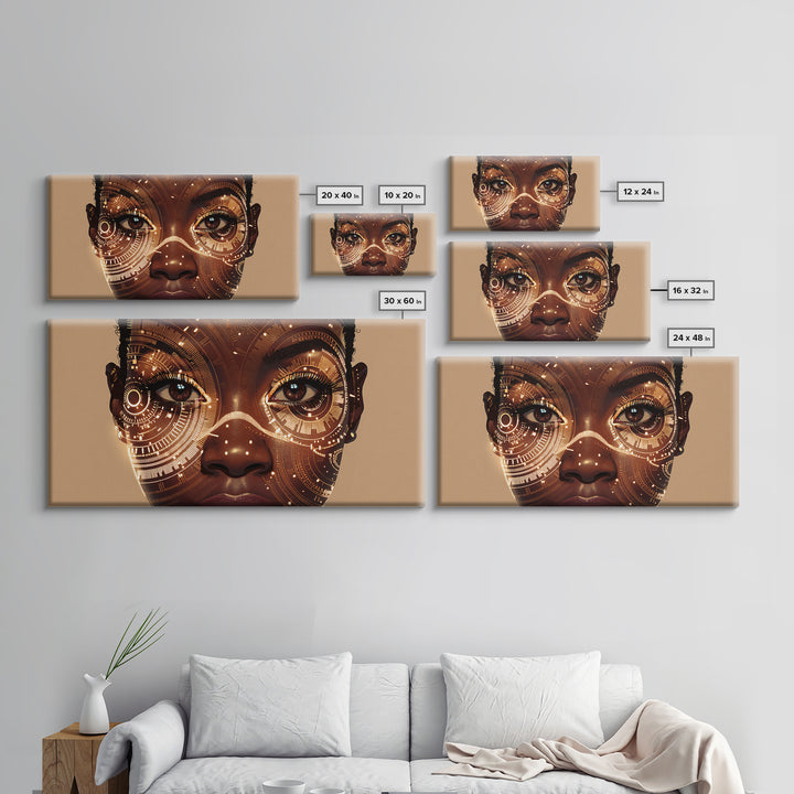 Golden Circuit African Woman Portrait Framed Canvas Print, Black Female Art, Afrocentric Wall Art, Luxury Canvas Art Decor
