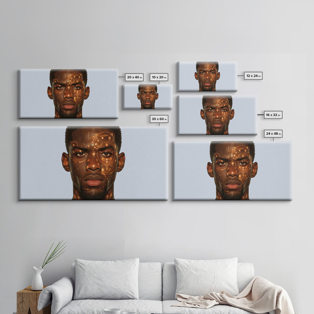 Orange Cyber Tribal Black Man Portrait Wall Art, African Portrait, Black Man Wall Art, Afrocentric Decor, Modern Canvas Art