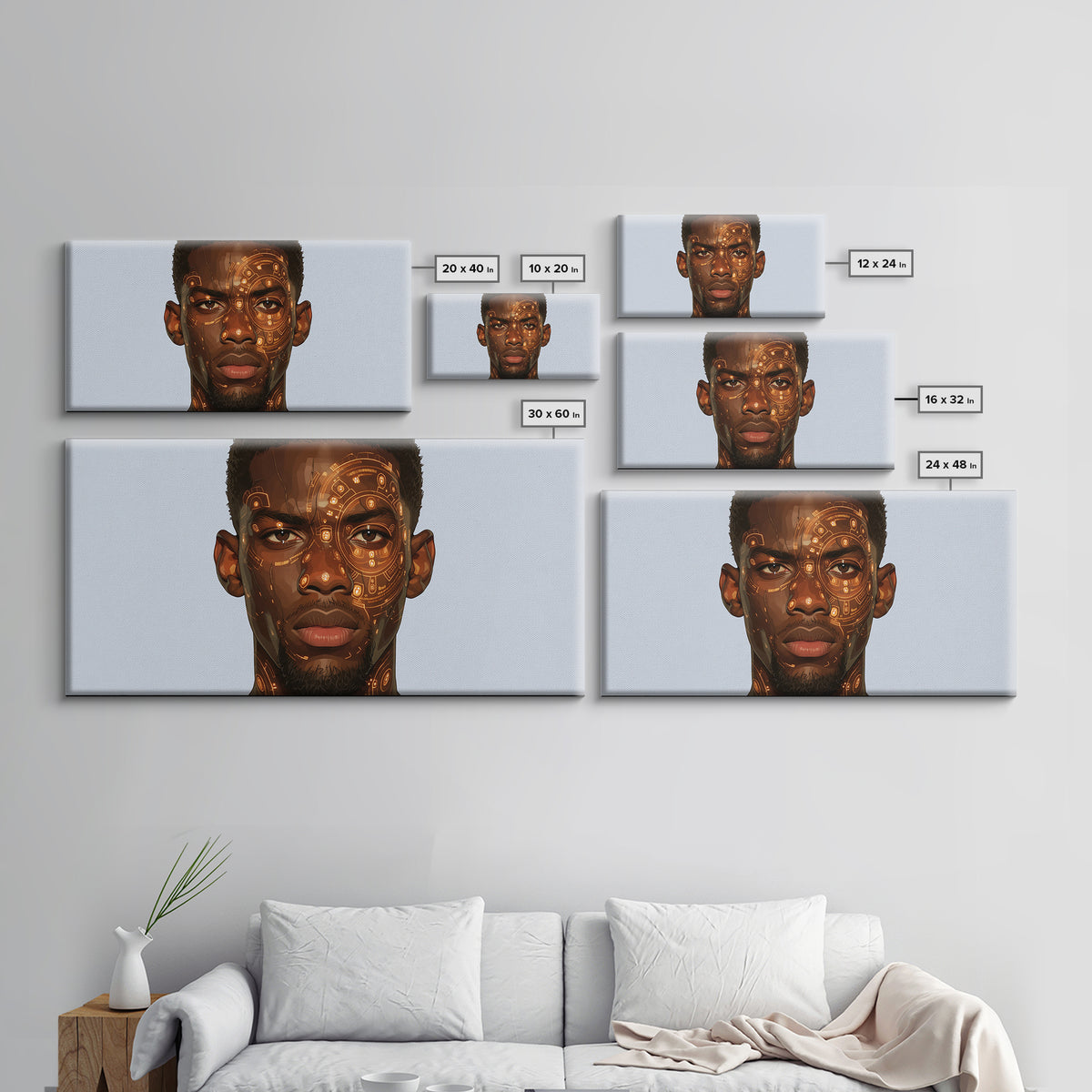 Orange Cyber Tribal Black Man Portrait Wall Art, African Portrait, Black Man Wall Art, Afrocentric Decor, Modern Canvas Art