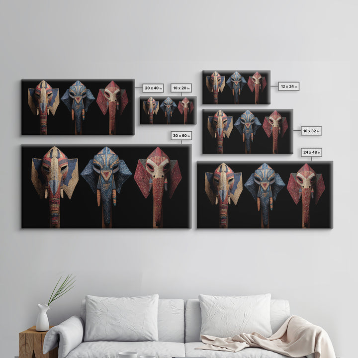 Three Beaded Elephant Tribal Masks Framed Canvas Print, African Mask Art, Safari Wall Art, Colorful African Art Decor Gift