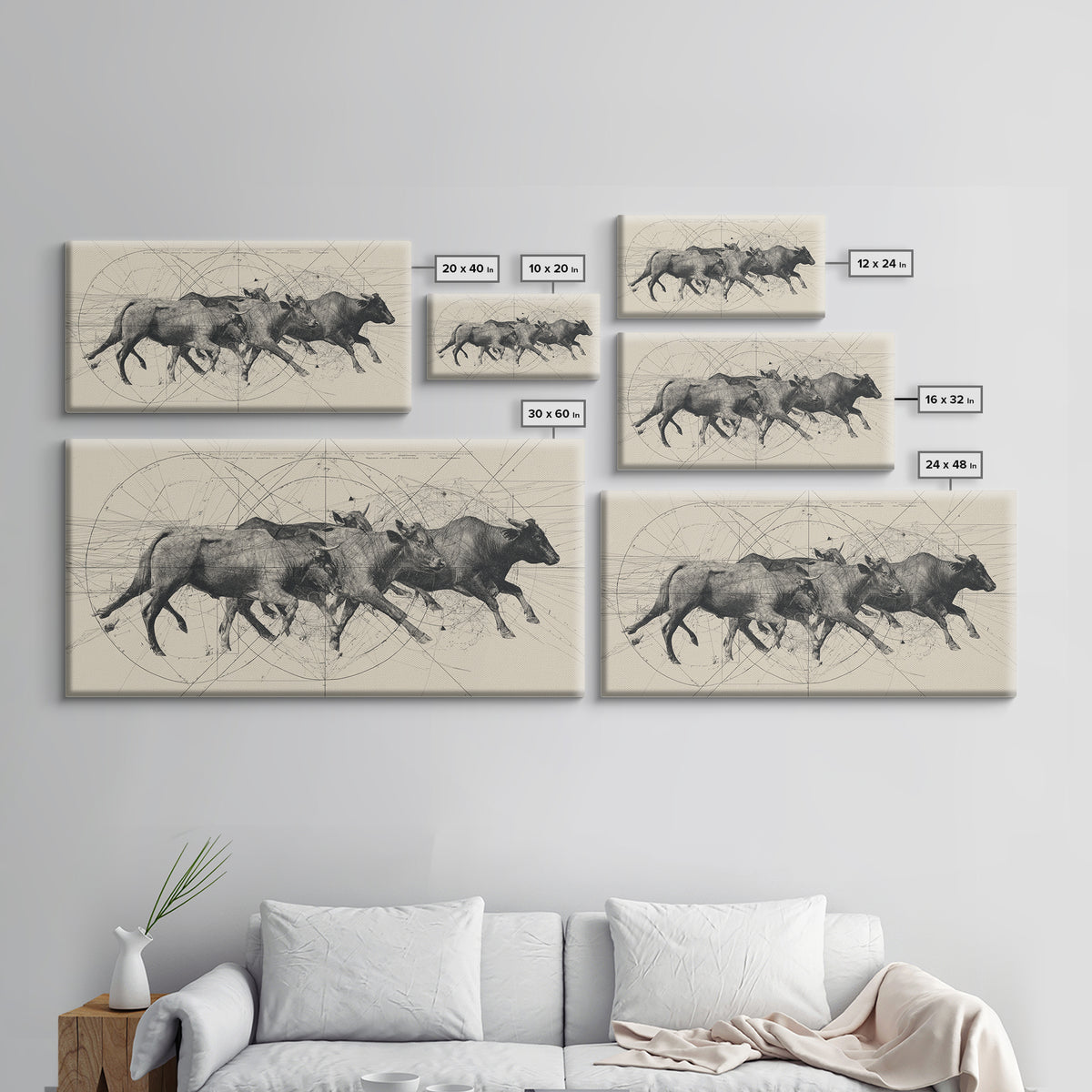 Running African Cattle Sketch Wall Art, Beige Ink Herd Drawing, Rustic Farmhouse Decor, Textured Canvas Print For Office