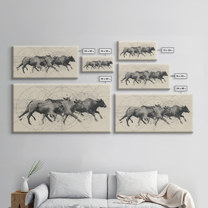 Running African Cattle Sketch Wall Art, Beige Ink Herd Drawing, Rustic Farmhouse Decor, Textured Canvas Print For Office