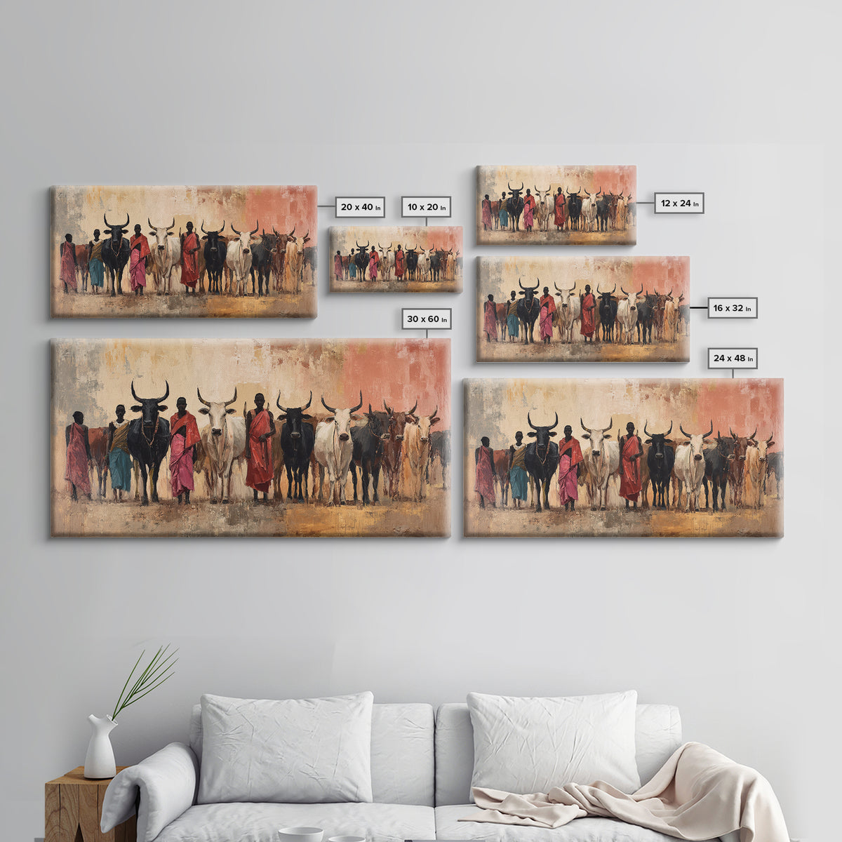 Maasai Herders With Longhorn Cattle Framed Canvas Print, African Safari Wall Art, Earth Tone Tribal Living Room Decor Gift