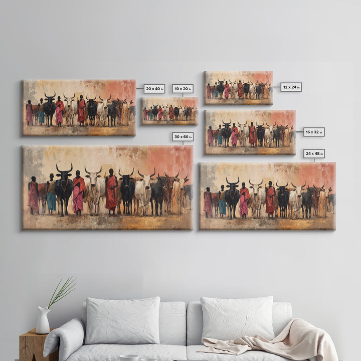 Maasai Herders With Longhorn Cattle Framed Canvas Print, African Safari Wall Art, Earth Tone Tribal Living Room Decor Gift