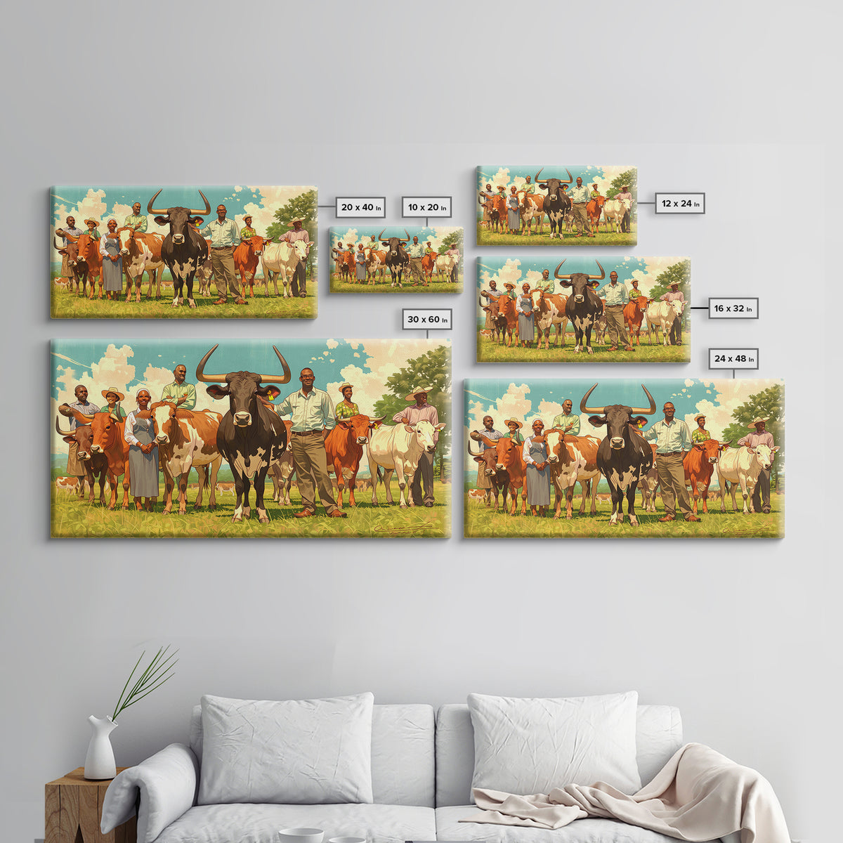 African Family With Cattle Wall Art, Sunny Pasture Portrait, Afrocentric Farm Decor, Vibrant Canvas Print For Living Room