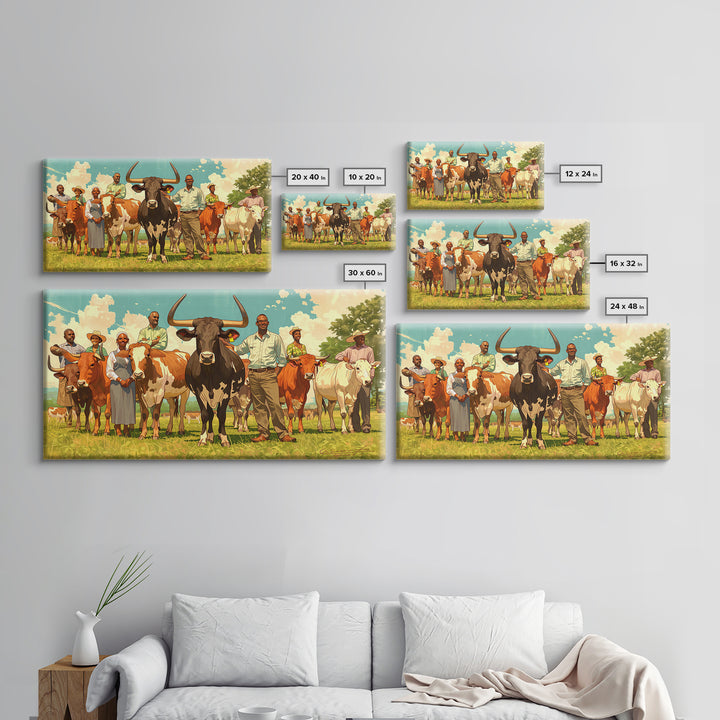 African Family With Cattle Wall Art, Sunny Pasture Portrait, Afrocentric Farm Decor, Vibrant Canvas Print For Living Room