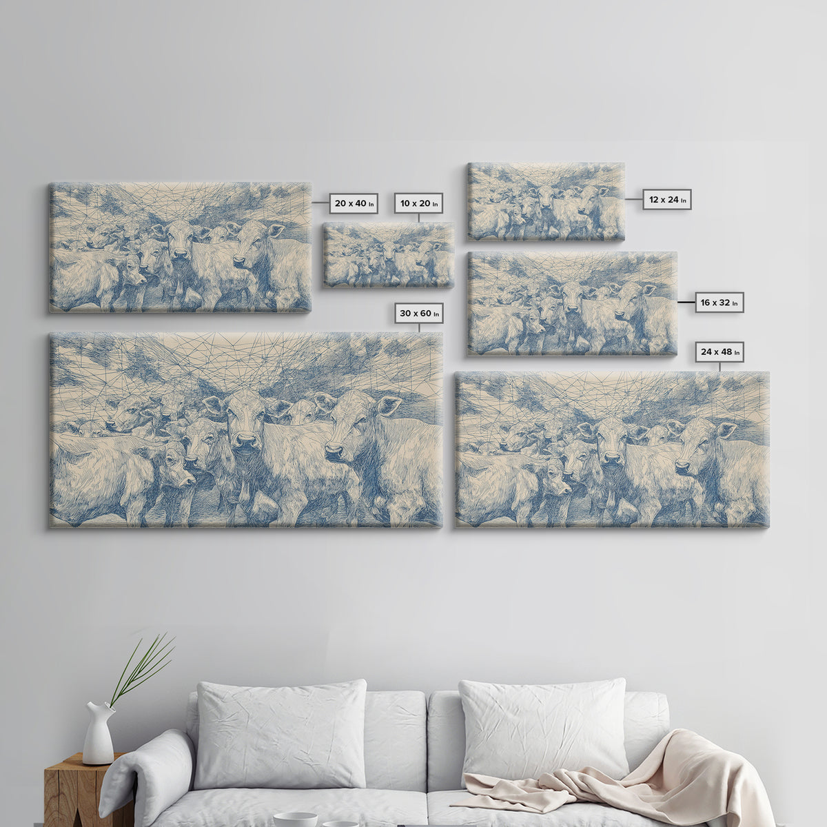 Blue Ink Cattle Herd Wall Art, African Pastoral Drawing, Geometric Farm Animal Decor, Minimalist Canvas Print For Office