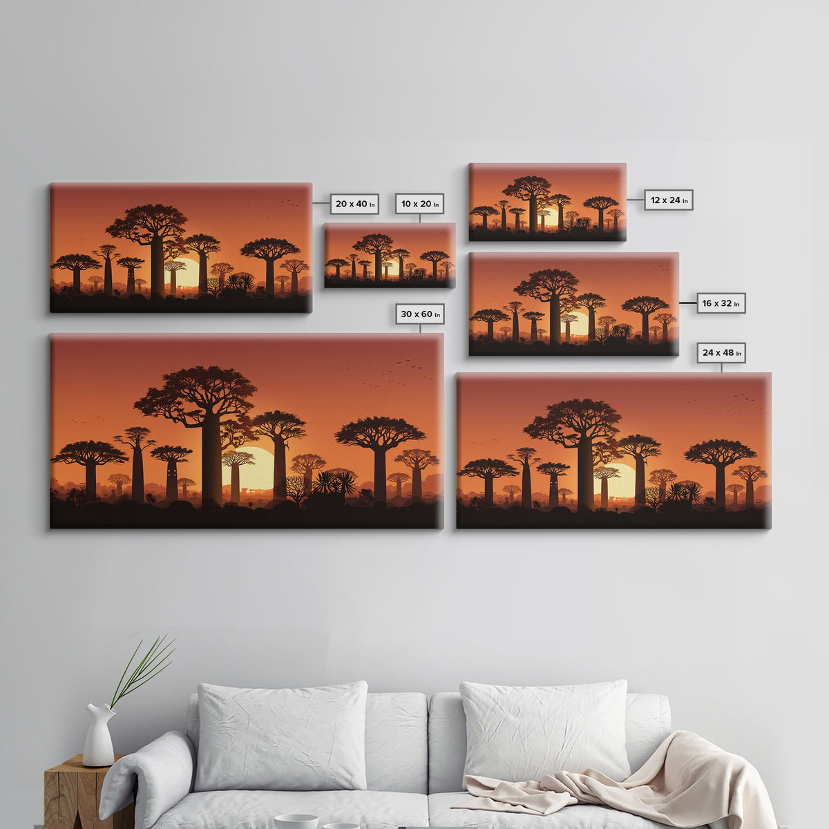 Baobab Trees At Orange Sunset Wall Art, African Landscape Silhouette, Madagascar Safari Decor, Warm Canvas Print For Home