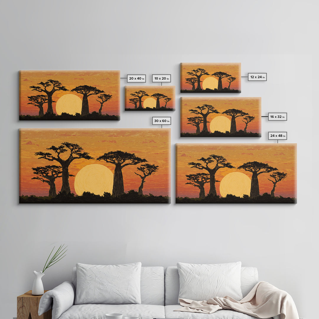 Golden Baobab Sunset Silhouette Wall Art, African Landscape Canvas Decor, Safari Tree Print, Warm Orange Living Room Gift