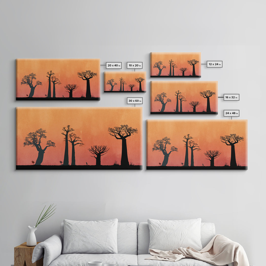 Minimal Baobab Grove Silhouette Canvas Print, African Landscape Wall Decor, Orange Sunset Safari Art, Boho Home Decor Gift
