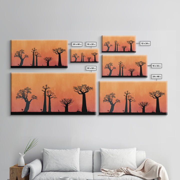 Minimal Baobab Grove Silhouette Canvas Print, African Landscape Wall Decor, Orange Sunset Safari Art, Boho Home Decor Gift
