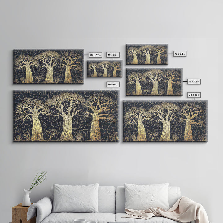 Gold Mosaic Baobab Forest Wall Art, African Tree Canvas Decor, Black And Gold Geometric Safari Print, Luxury Home Decor Gift