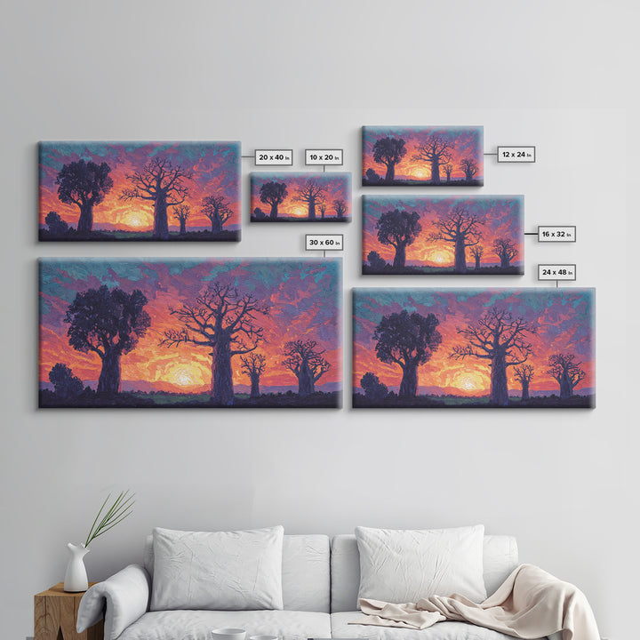 Textured Baobab Sunset Canvas Print, African Landscape Wall Decor, Purple Orange Modern Safari Art, Dreamy Living Room Gift