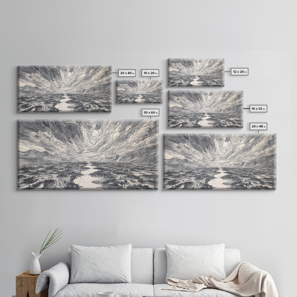 Black And White Etched River Valley Wall Art, African Landscape Print, Dramatic Sky Minimalist Office Decor, Fine Art Gift