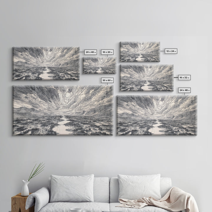 Black And White Etched River Valley Wall Art, African Landscape Print, Dramatic Sky Minimalist Office Decor, Fine Art Gift