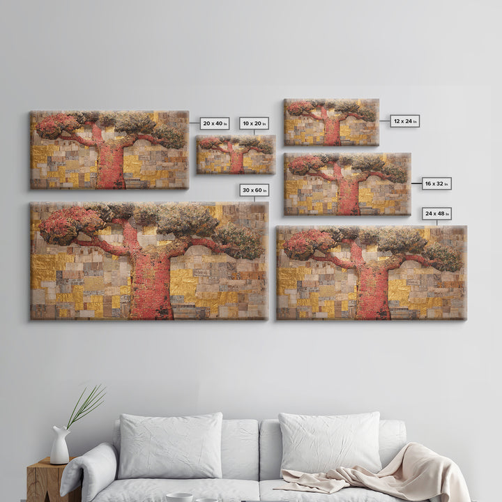 Red Baobab Collage On Gold Canvas Print, African Tree Wall Decor, Textured Mosaic Landscape Art, Bold Living Room Home Decor Gift