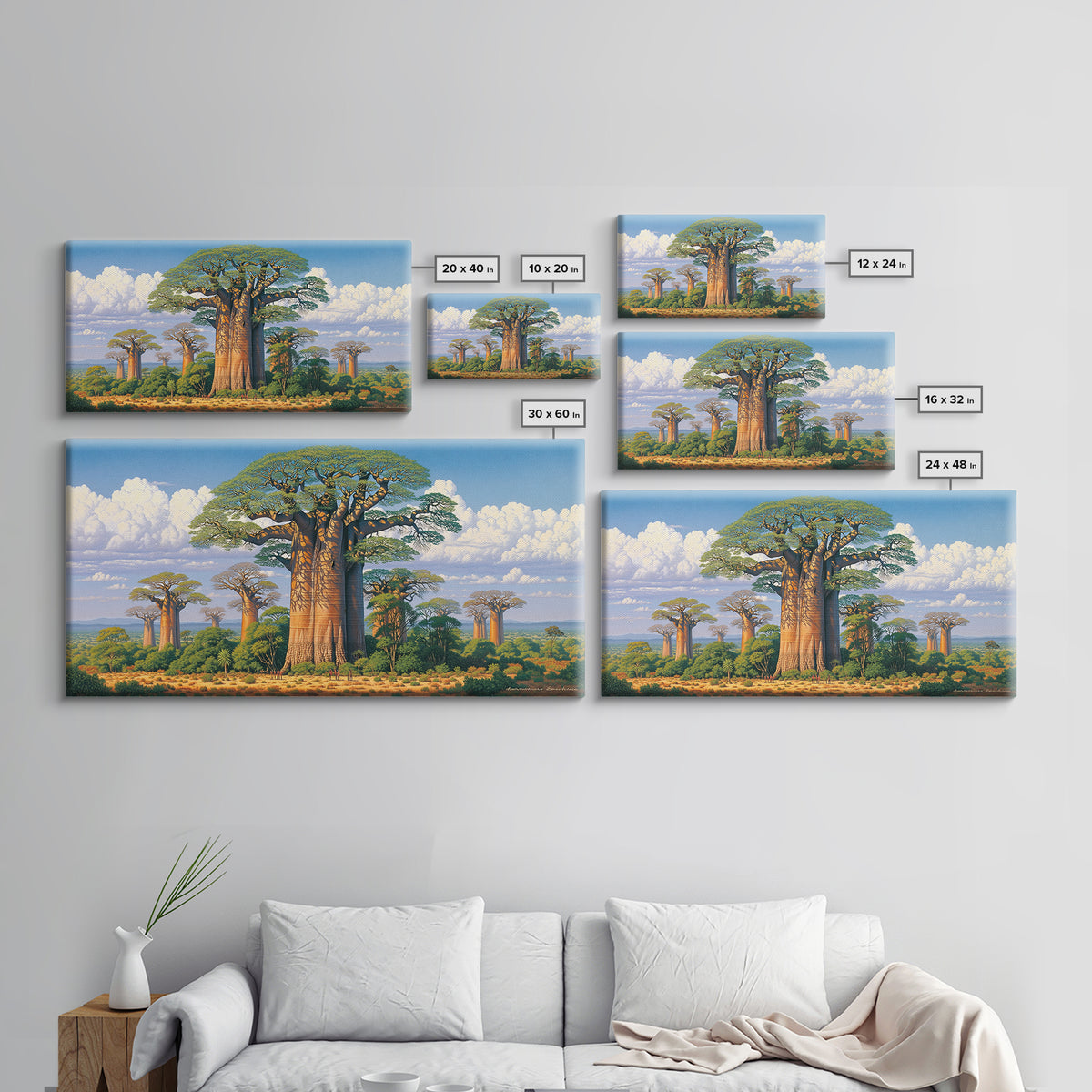 Lush Baobab Forest Under Blue Sky Framed Canvas Print, African Landscape Wall Decor, Madagascar Safari Tree Art Home Decor Gift