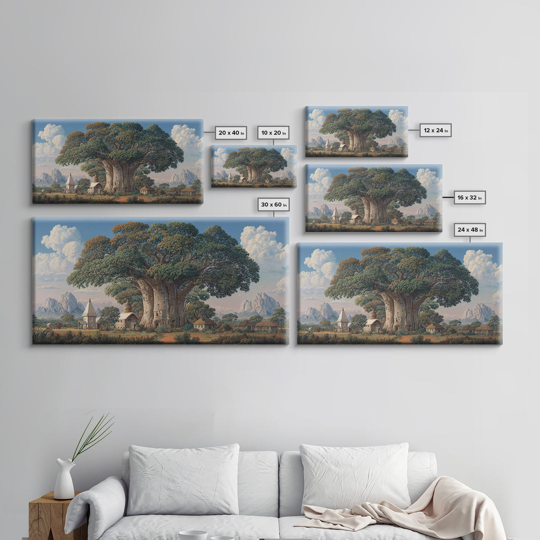 Village Baobab Tree With Church Framed Canvas Print, African Landscape Wall Art, Cultural Home Decor, Housewarming Gift For Her