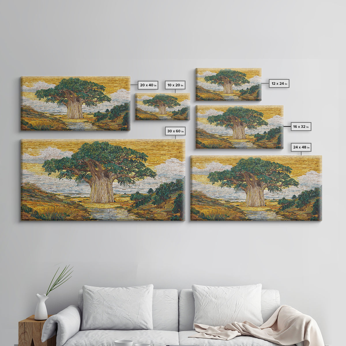 Mosaic Baobab River Landscape Canvas Print, African Tree Wall Art, Earth Tone Safari Decor, Modern Living Room Art, Housewarming Gift
