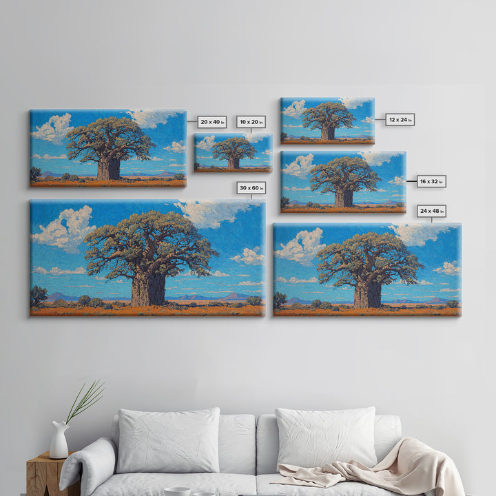 Sunlit Baobab Tree Canvas Print, African Landscape Wall Art, Blue Sky Safari Decor, Nature Scene Art, Unique Home Decor Gift