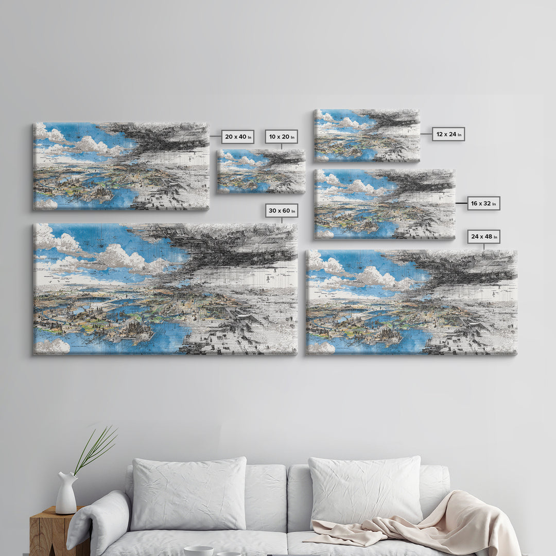 Blue And Black Dreamscape Map Wall Art, Abstract African Landscape Canvas Print, Modern Office Decor, Large Statement Art