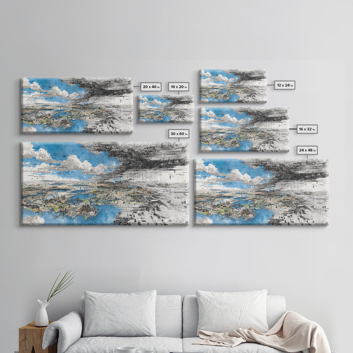Blue And Black Dreamscape Map Wall Art, Abstract African Landscape Canvas Print, Modern Office Decor, Large Statement Art