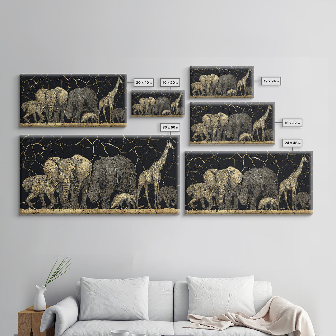 African Safari Animals Wall Art, Elephant Giraffe Family Canvas Decor, Serengeti Wildlife Print, Black Gold Home Accent Gift