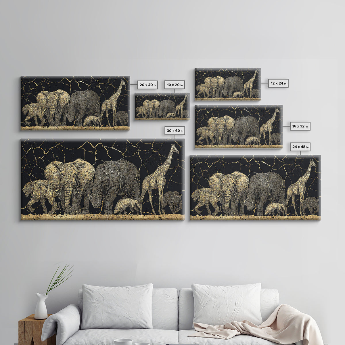 African Safari Animals Wall Art, Elephant Giraffe Family Canvas Decor, Serengeti Wildlife Print, Black Gold Home Accent Gift