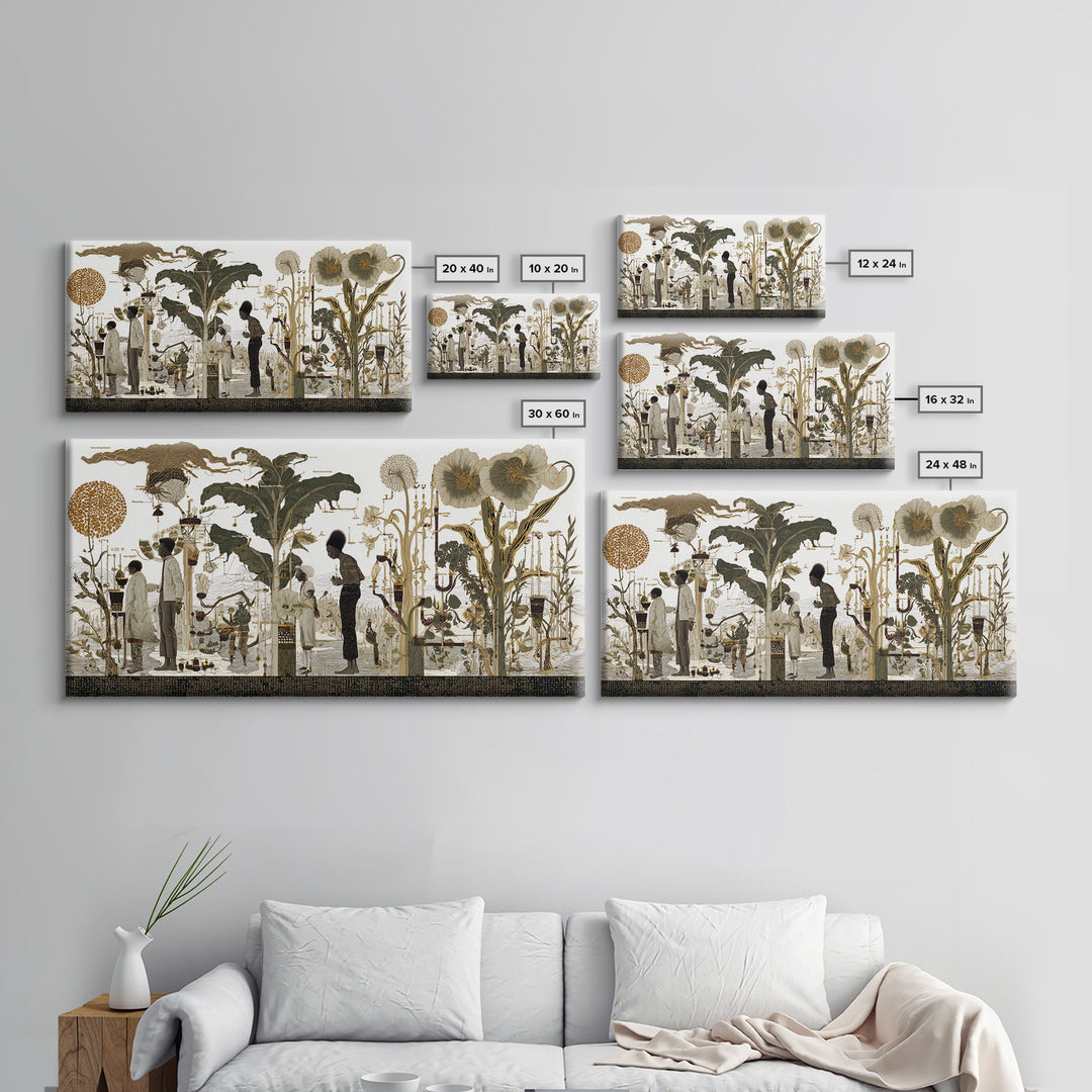 Neutral Botanical Black Figures Garden Wall Art, African American Art, Elegant Floral Canvas Print For Living Room Decor