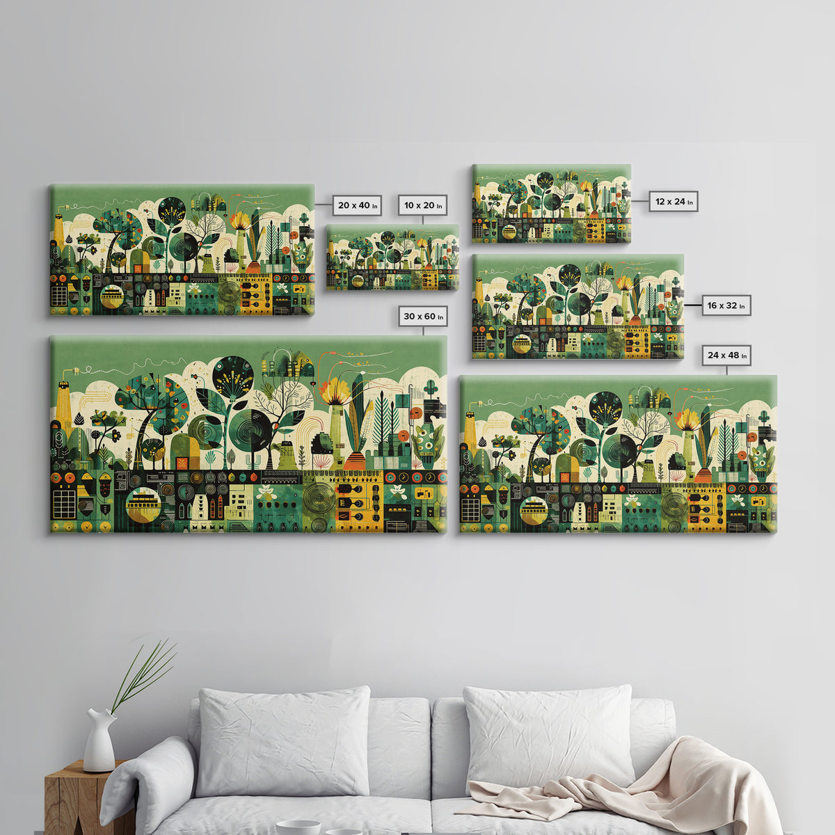 Green Abstract Botanical Cityscape Wall Art, African Patterns, Modern Afrocentric Canvas Print, Cultural Home Decor Gift