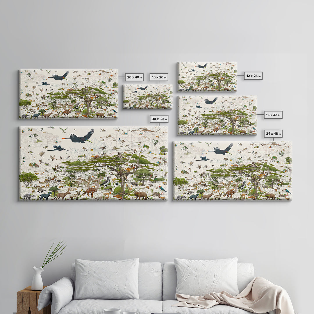 African Safari Animals Acacia Tree Wall Art, Serengeti Wildlife Canvas Print, Jungle Decor For Kids Room Or Office Decor