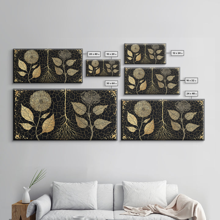 Black Gold Botanical Roots Framed Canvas Print, African Inspired Wall Decor, Luxury Nature Art, Elegant Home Decor Gift Idea