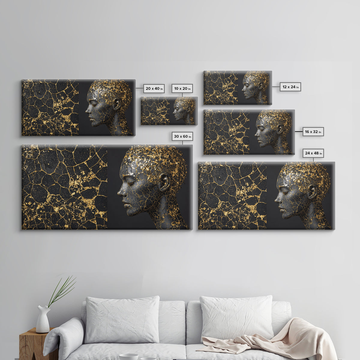 Black Gold Kintsugi African Portrait Canvas Print, Modern Black Art Decor, Luxury Wall Art, Elegant Woman Profile Artwork