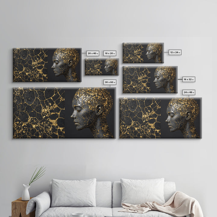 Black Gold Kintsugi African Portrait Canvas Print, Modern Black Art Decor, Luxury Wall Art, Elegant Woman Profile Artwork