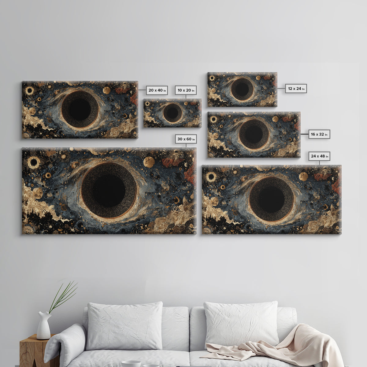 Black Gold Cosmic Eye Framed Canvas Print, Luxury Abstract Wall Decor, Mystical Space Art For Modern Living Room Home Decor