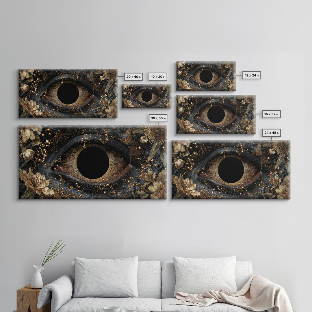 Golden Floral Mystic Eye Canvas Print, Black And Gold Abstract Wall Art, Luxury Feminine Decor For Stylish Living Room Gift