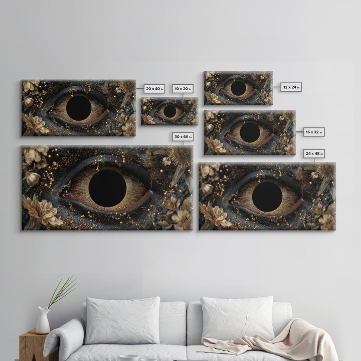 Golden Floral Mystic Eye Canvas Print, Black And Gold Abstract Wall Art, Luxury Feminine Decor For Stylish Living Room Gift