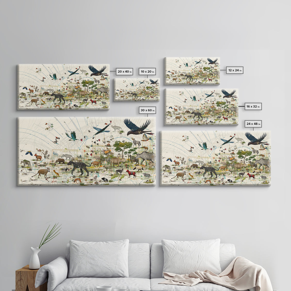 African Safari Map Canvas Print, Wildlife Collage With Elephant Giraffe Rhino, Serengeti Wall Decor, Jungle Animal Art Home Decor