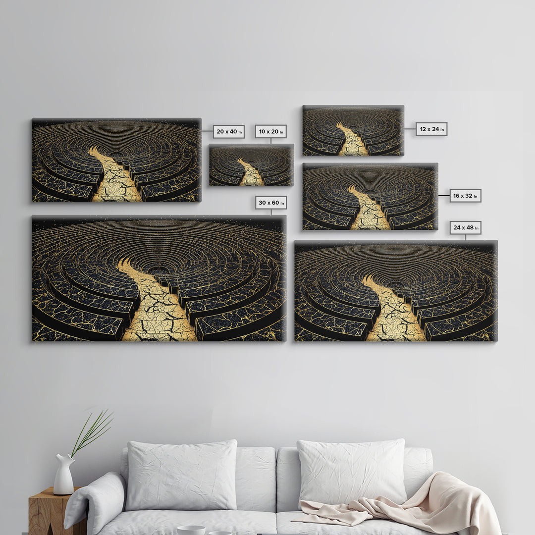 Golden Labyrinth Wall Art, Black And Gold Abstract Spiral Maze, Luxury Canvas Print, Modern Geometric Statement Decor Home Decor