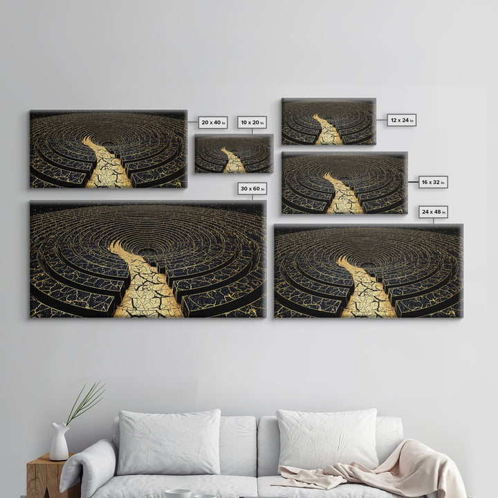 Golden Labyrinth Wall Art, Black And Gold Abstract Spiral Maze, Luxury Canvas Print, Modern Geometric Statement Decor Home Decor