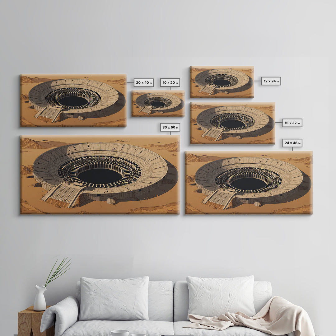 Desert Colosseum Canvas Print, Futuristic Arena Landscape, Beige Wall Art, Architectural Decor, Modern Office Art For Living Room