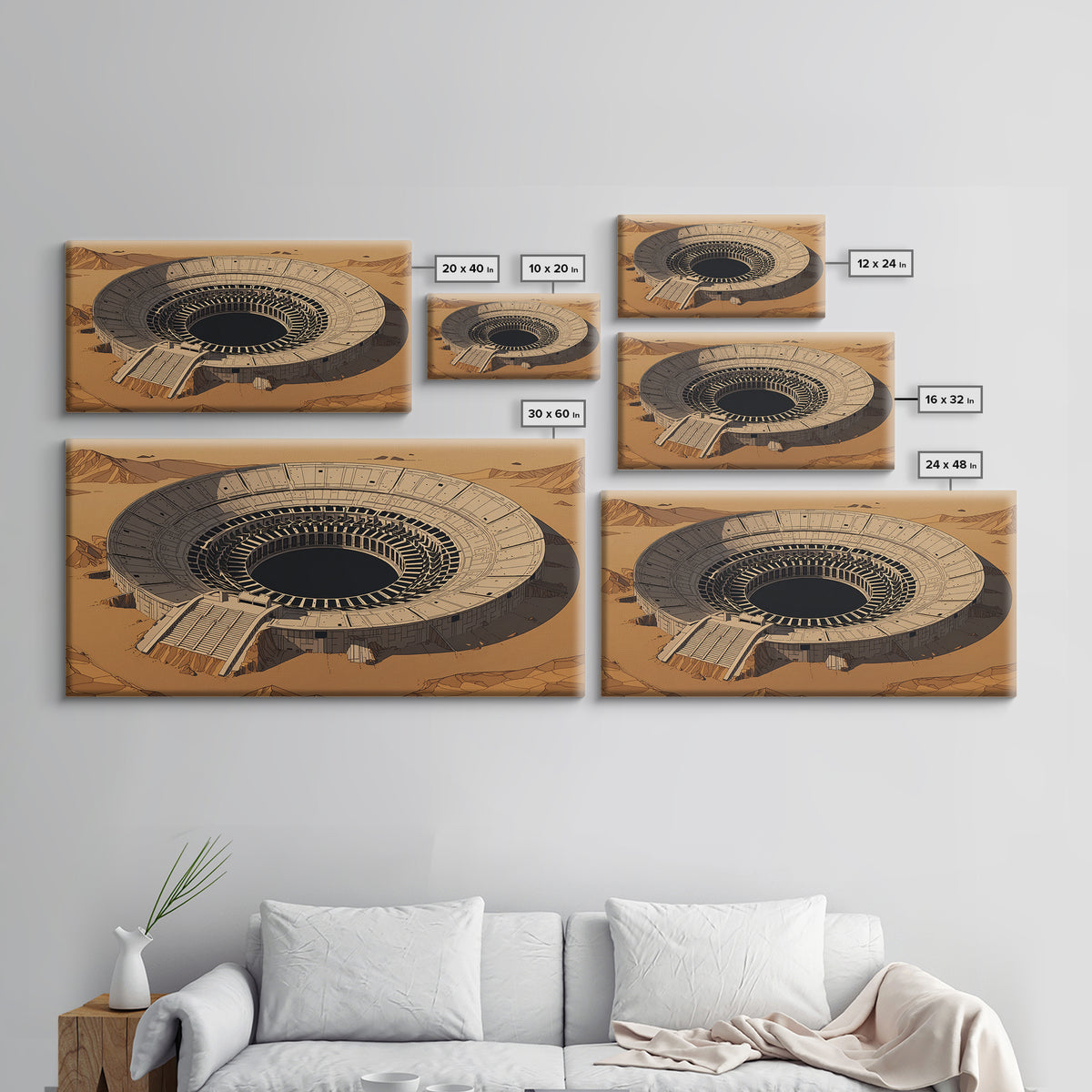 Desert Colosseum Canvas Print, Futuristic Arena Landscape, Beige Wall Art, Architectural Decor, Modern Office Art For Living Room