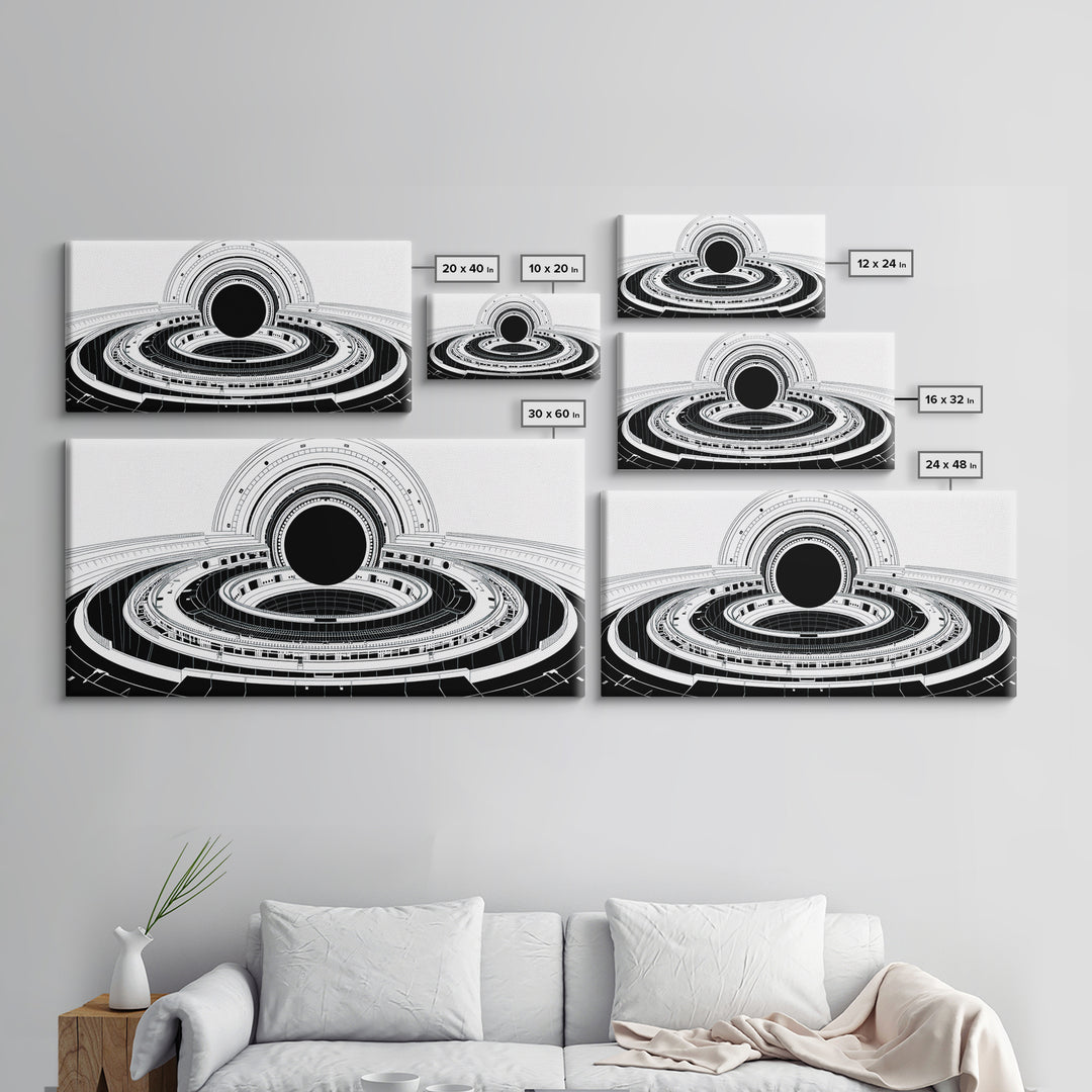 Monochrome Space Station Wall Art, Black And White Futuristic Architecture, Minimalist Canvas Print, Modern Office Decor