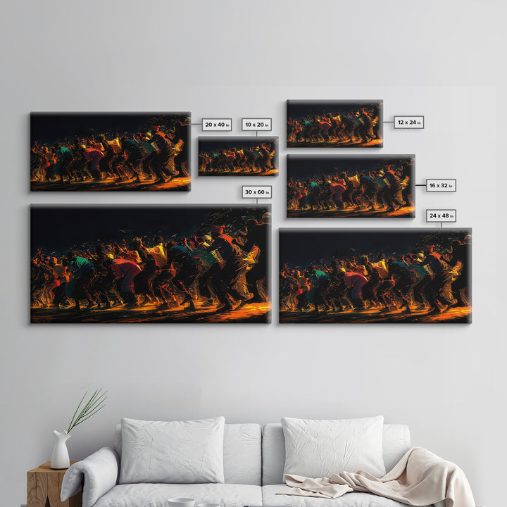 Golden Line Of African Dancers Canvas Print, Black Culture Art, Afrocentric Wall Decor, Vibrant Movement Painting, Cultural Art