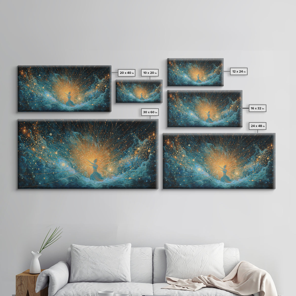 Cosmic African Goddess In Blue Gold Light Wall Art, Spiritual Afrocentric Decor, Mystical Woman Canvas, Dreamy Art Print