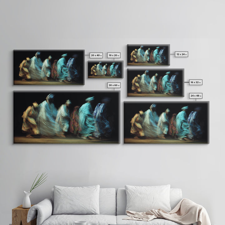 Blue Robed African Procession Wall Art, Abstract Dance Movement, Afrocentric Cultural Decor, Ethnic Canvas Print For Home
