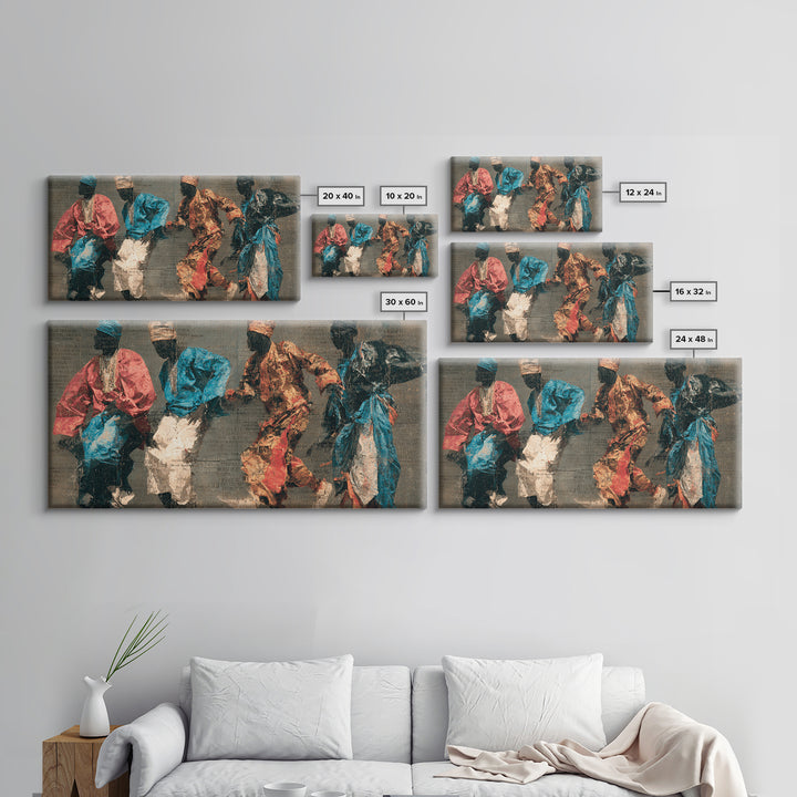 Four African Dancers In Colorful Robes Canvas Print, Tribal Culture Wall Art, Ankara Inspired Decor, Afrocentric Art Gift