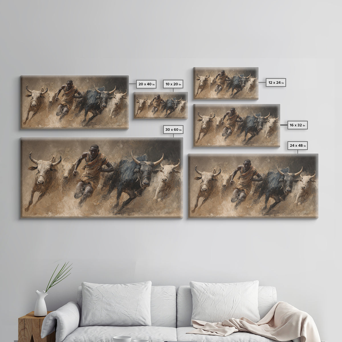 African Bull Runner Canvas Print, Dusty Cattle Race Painting, Warrior Culture Wall Decor, Rustic Safari Art For Living Room