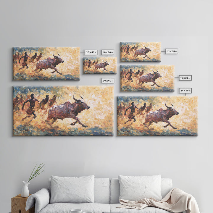 Painterly African Bull Chase Canvas Print, Sunlit Cattle Race With Runners, Rustic Safari Decor, Dynamic Cultural Wall Art