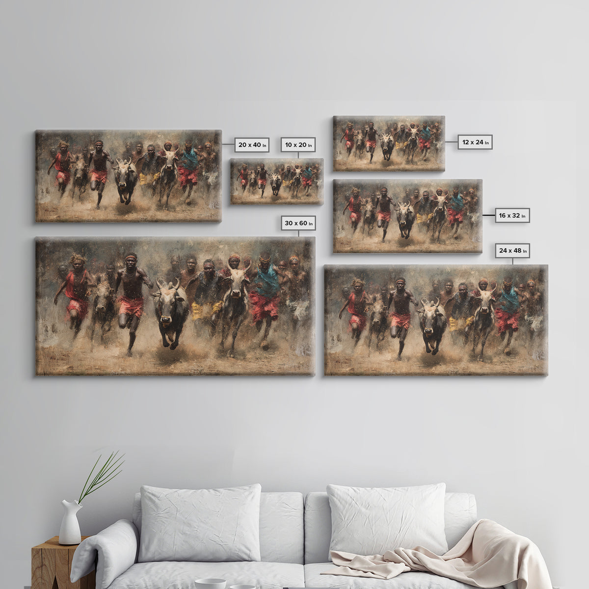 African Cattle Race Wall Art, Tribal Runners In Dusty Motion, Dramatic Safari Painting, Rustic Culture Decor For Home And Office